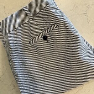 Talbots Seersucker Curvy Pants Women's 10 Blue White Striped Pockets Beach